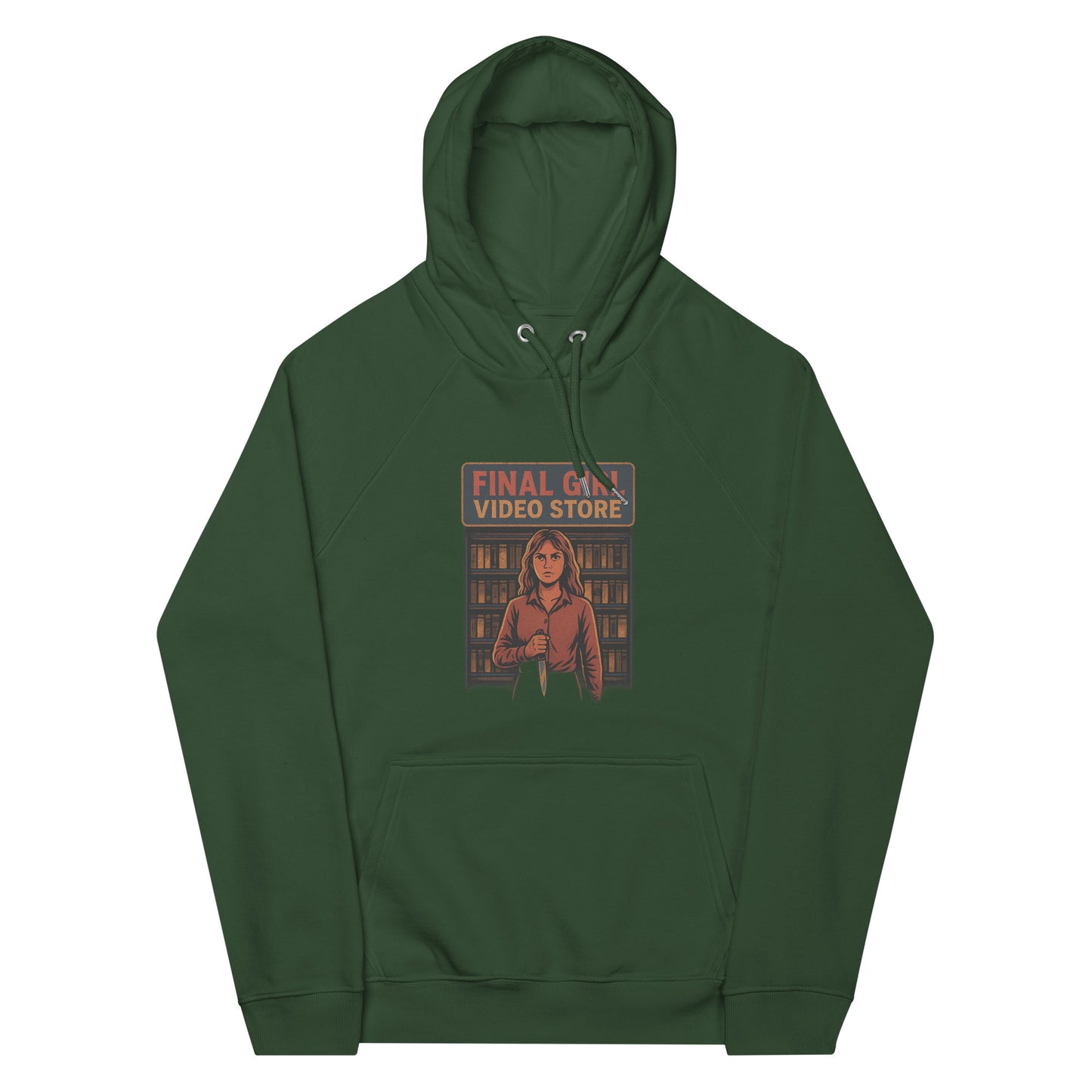 Final Girl Video Store Unisex eco raglan hoodie  from Rare Plus Apparel – unique movie & pop culture inspired design.