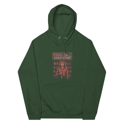 Final Girl Video Store Unisex eco raglan hoodie  from Rare Plus Apparel – unique movie & pop culture inspired design.