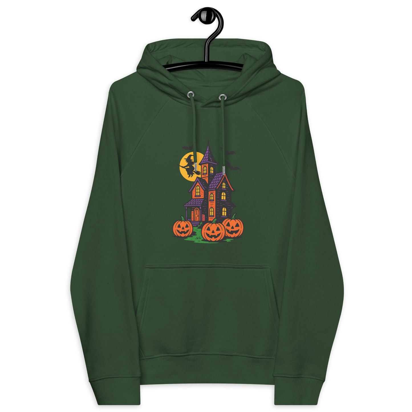 Haunted Halloween House Unisex eco raglan hoodie  from Rare Plus Apparel – unique movie & pop culture inspired design.