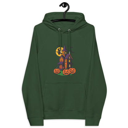 Haunted Halloween House Unisex eco raglan hoodie  from Rare Plus Apparel – unique movie & pop culture inspired design.