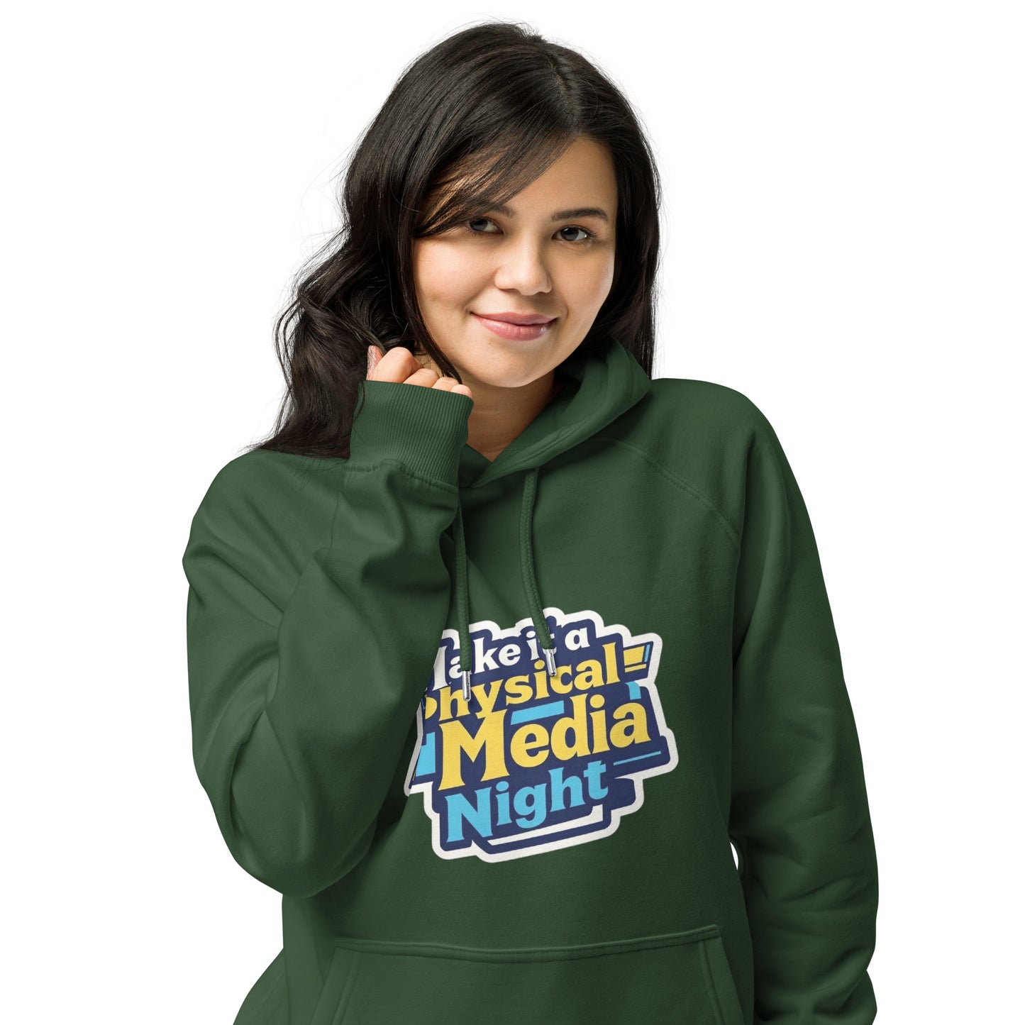 Make it a Physical Media Night Unisex eco raglan hoodie  from Rare Plus Apparel – unique movie & pop culture inspired design.