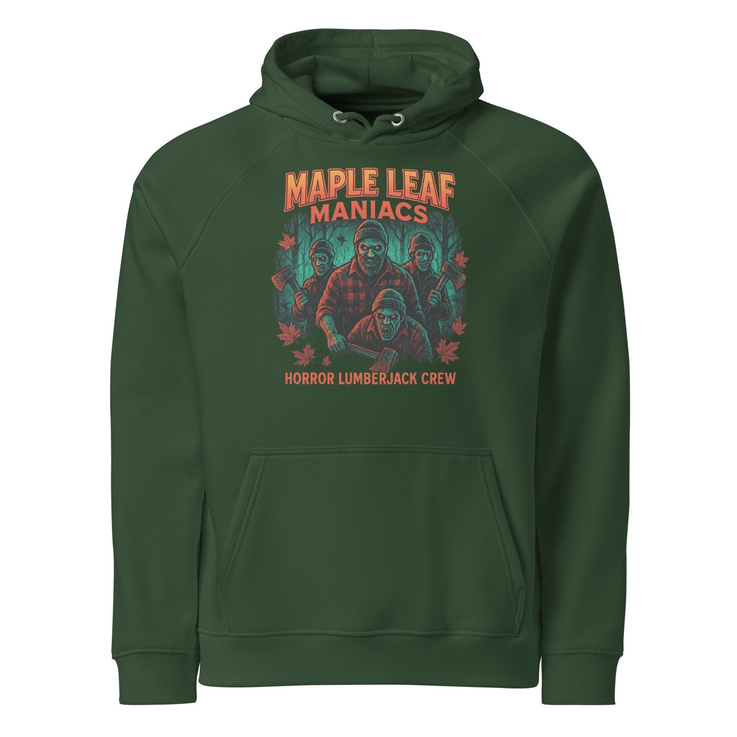 Maple Leaf Maniacs Unisex eco raglan hoodie  from Rare Plus Apparel – unique movie & pop culture inspired design.