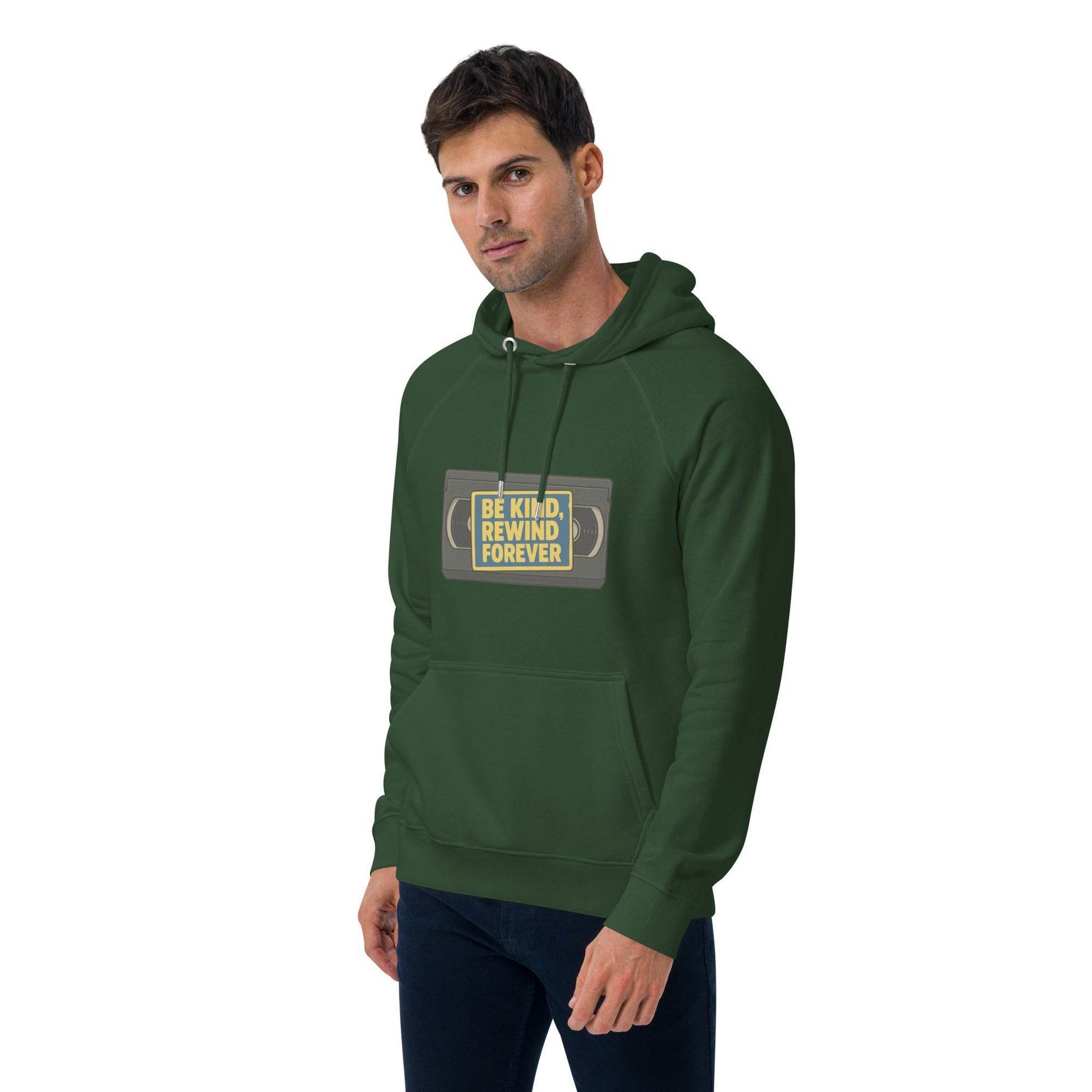 Be Kind, Rewind Forever Unisex eco raglan hoodie  from Rare Plus Apparel – unique movie & pop culture inspired design.