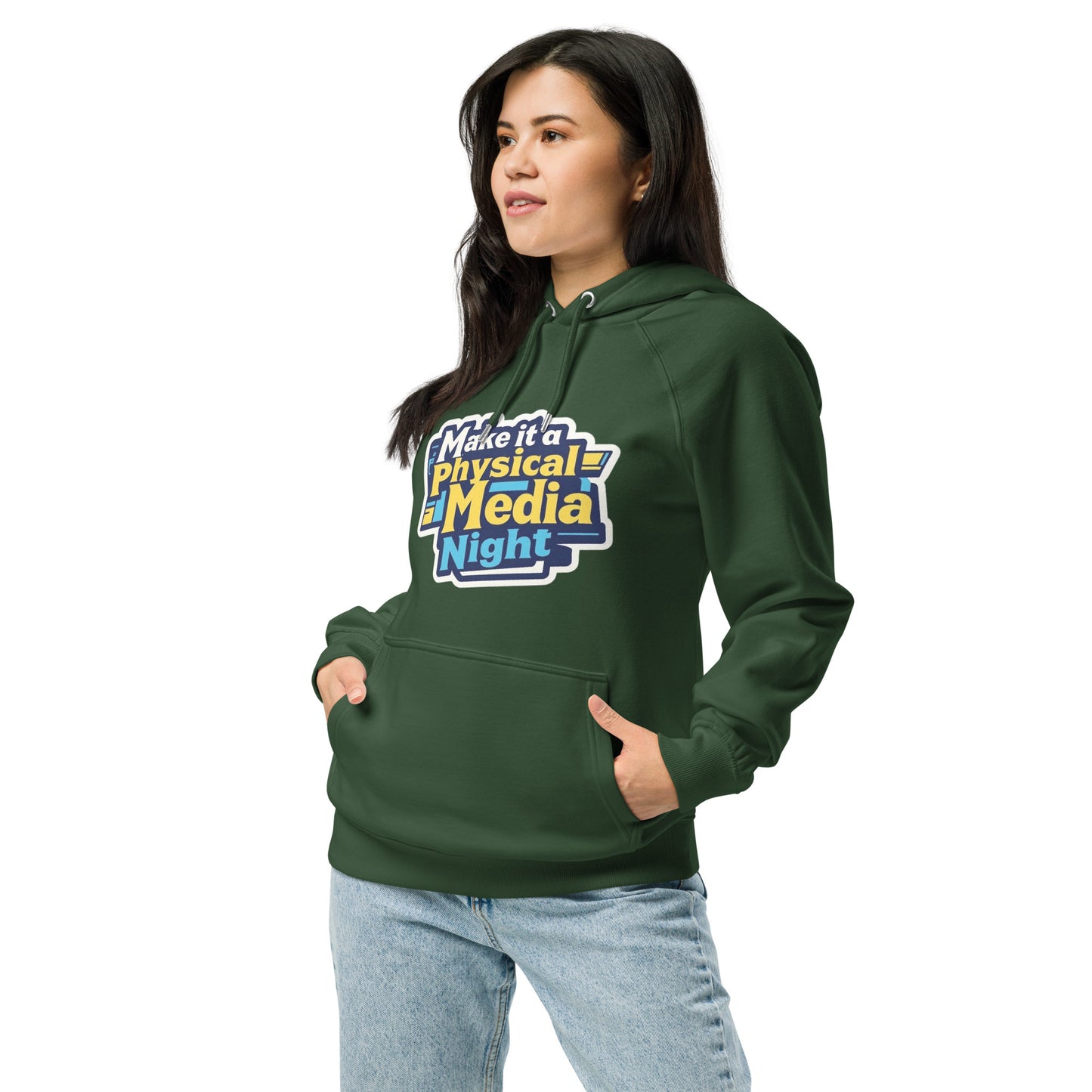 Make it a Physical Media Night Unisex eco raglan hoodie  from Rare Plus Apparel – unique movie & pop culture inspired design.