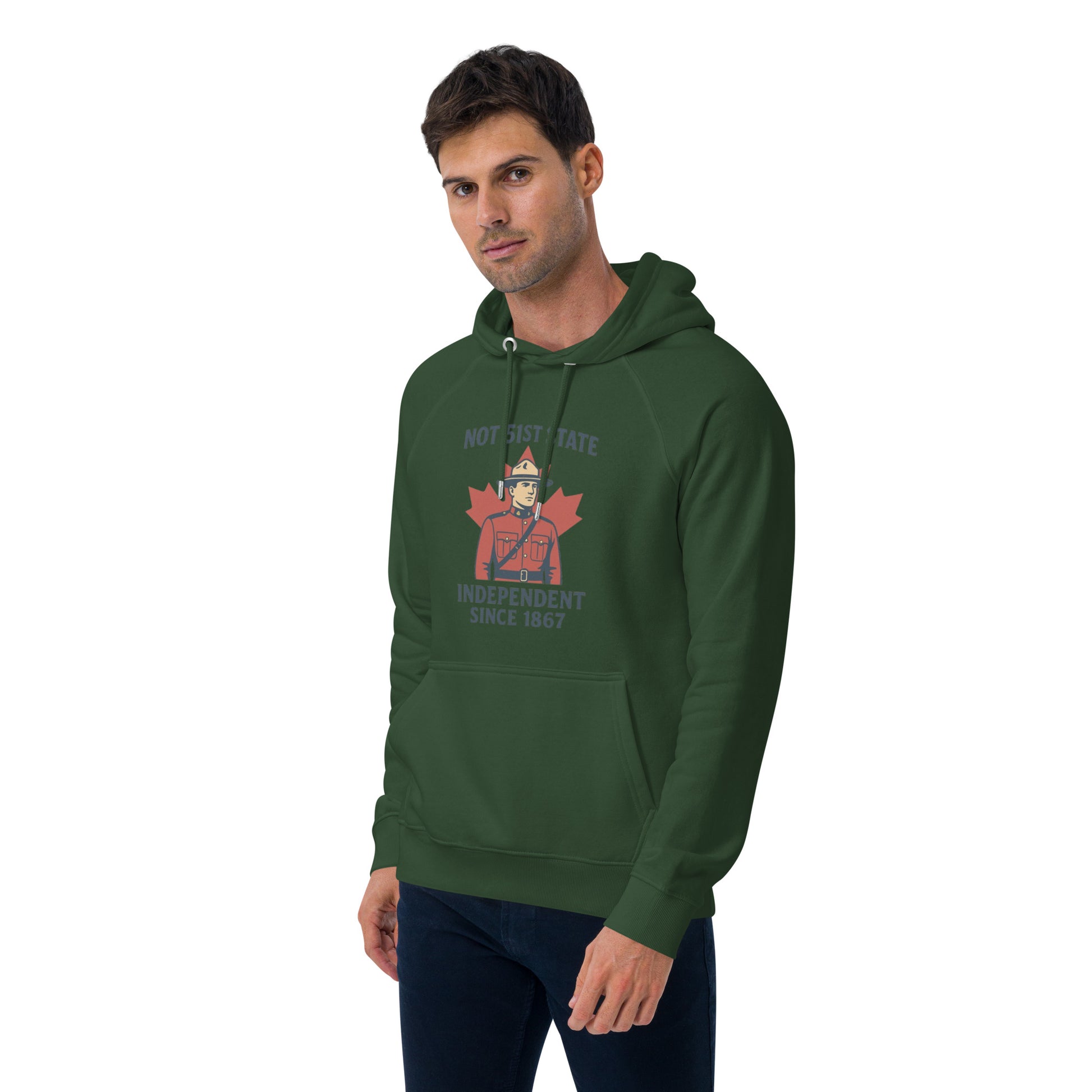 Not 51st State Mountie Unisex eco raglan hoodie  from Rare Plus Apparel – unique movie & pop culture inspired design.