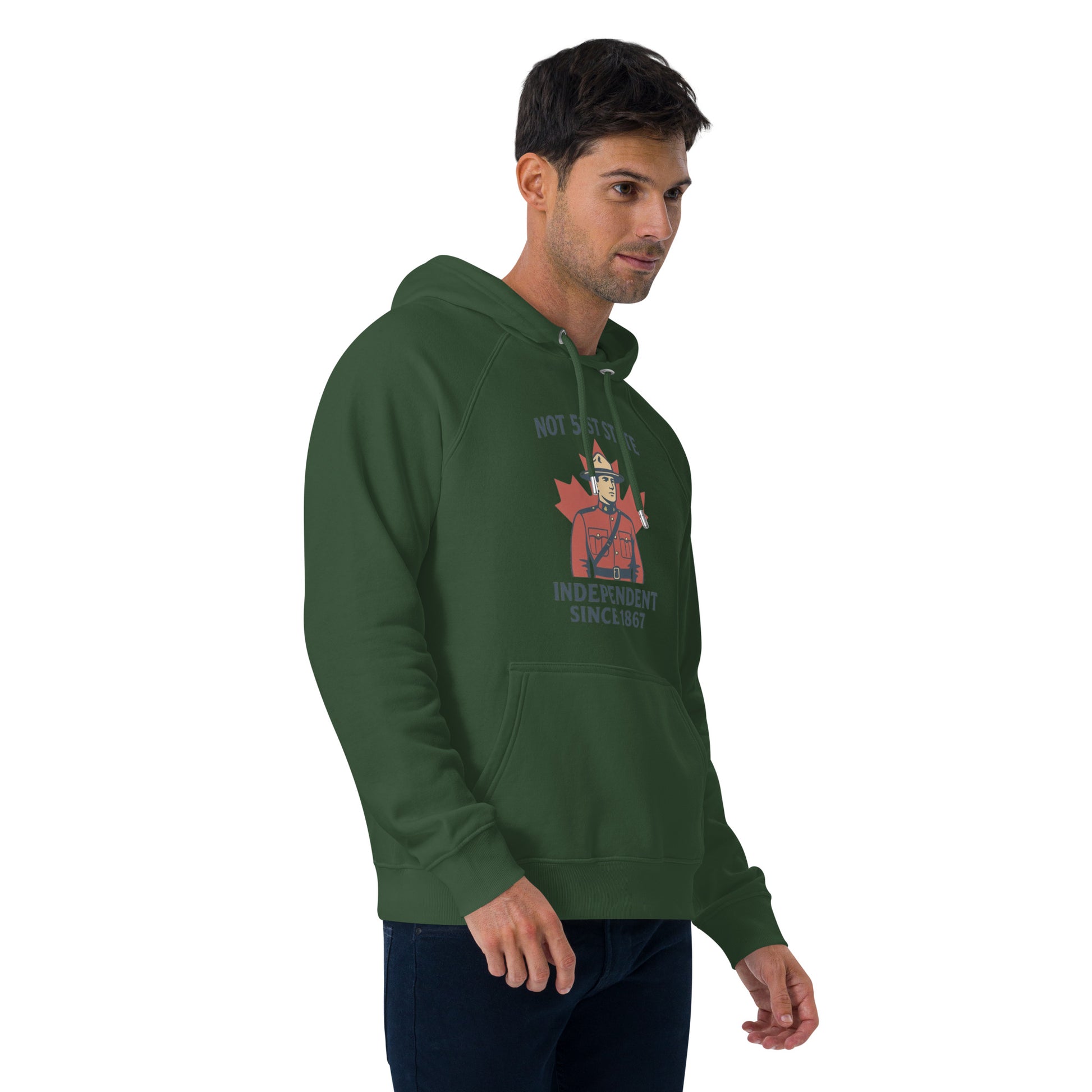 Not 51st State Mountie Unisex eco raglan hoodie  from Rare Plus Apparel – unique movie & pop culture inspired design.
