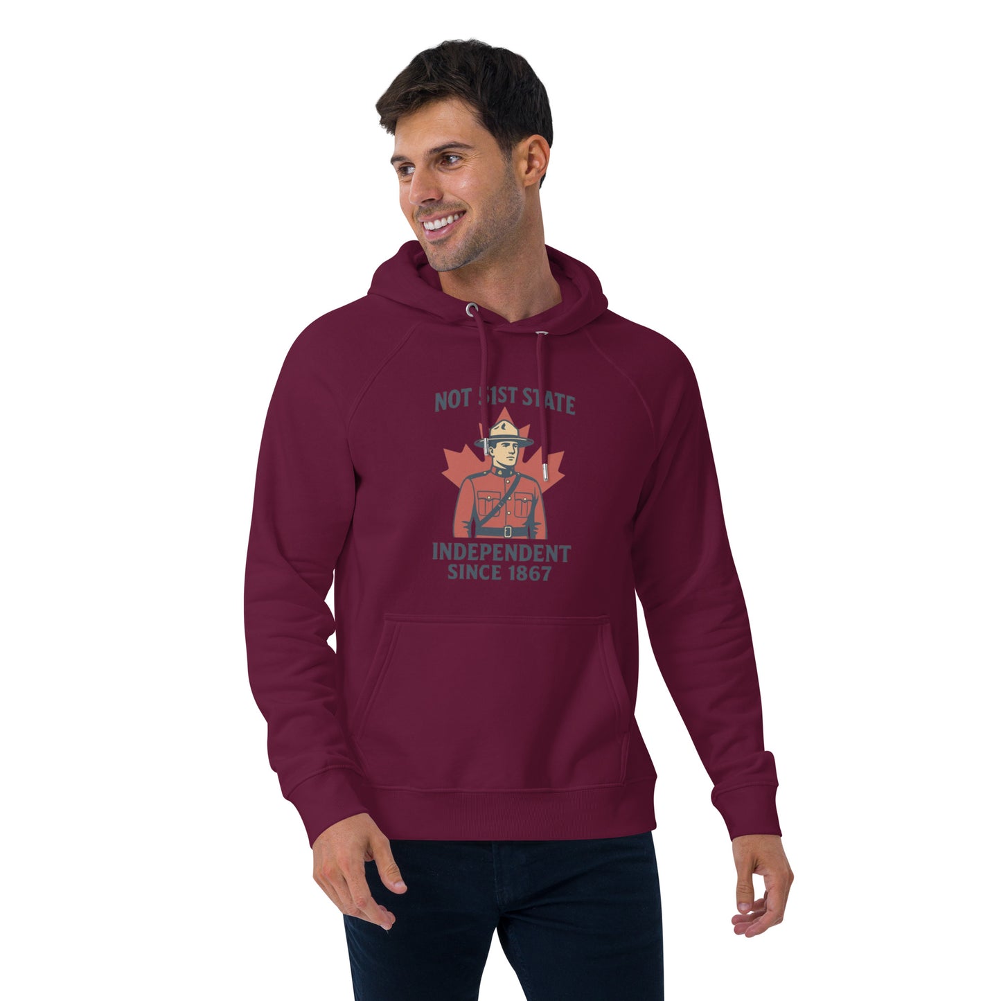 Not 51st State Mountie Unisex eco raglan hoodie  from Rare Plus Apparel – unique movie & pop culture inspired design.