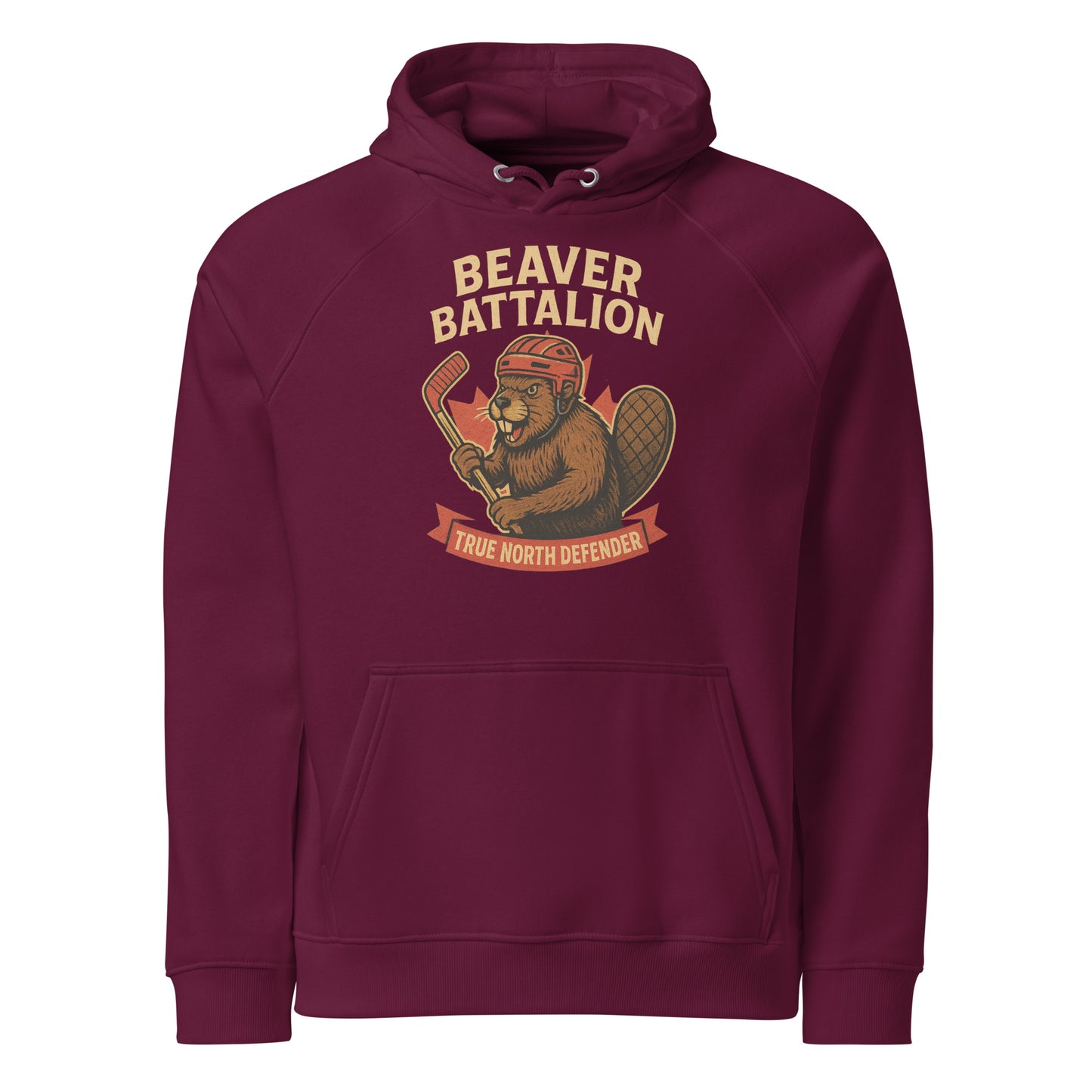 Beaver Battalion – True North Defender Unisex eco raglan hoodie  from Rare Plus Apparel – unique movie & pop culture inspired design.