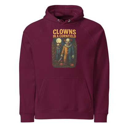 Clowns in a Cornfield Unisex eco raglan hoodie  from Rare Plus Apparel – unique movie & pop culture inspired design.
