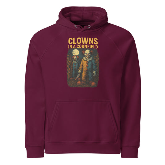 Clowns in a Cornfield Unisex eco raglan hoodie  from Rare Plus Apparel – unique movie & pop culture inspired design.