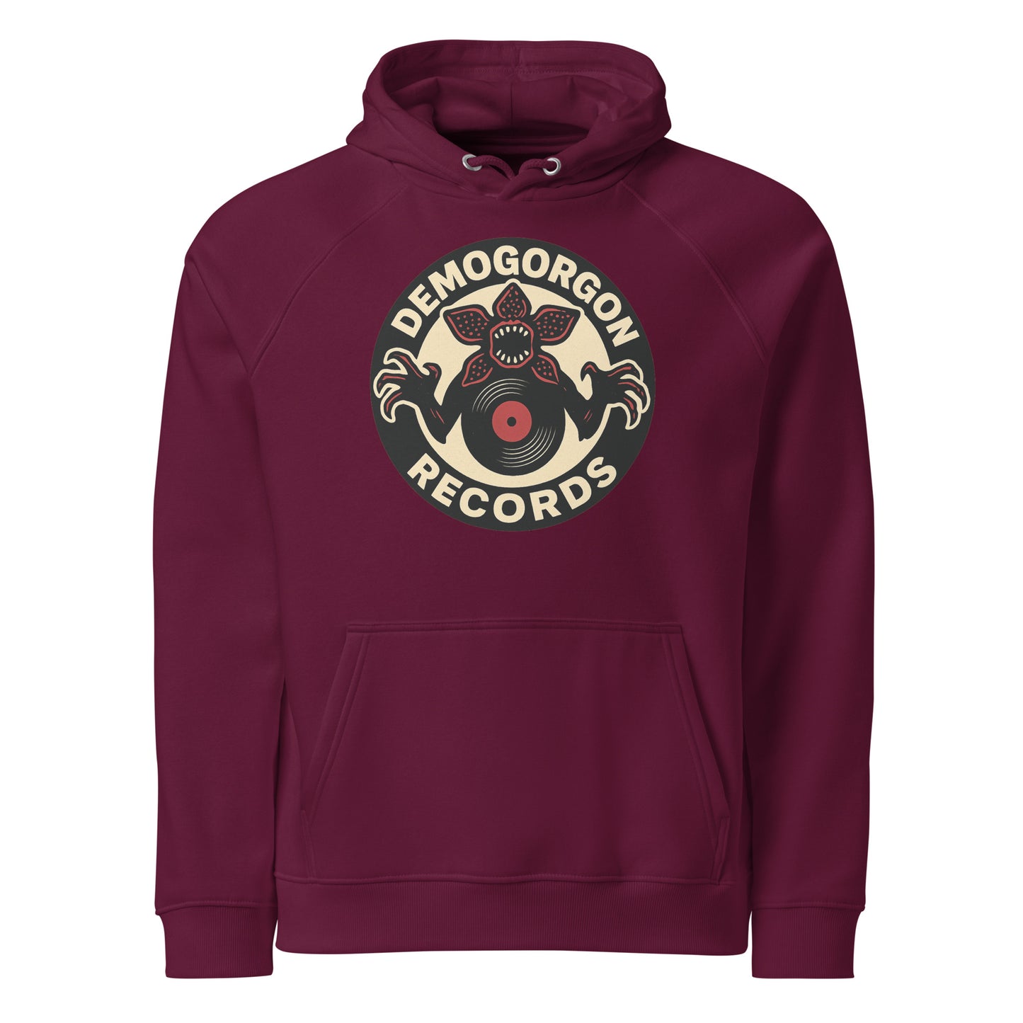 Demogorgon Records Unisex eco raglan hoodie  from Rare Plus Apparel – unique movie & pop culture inspired design.