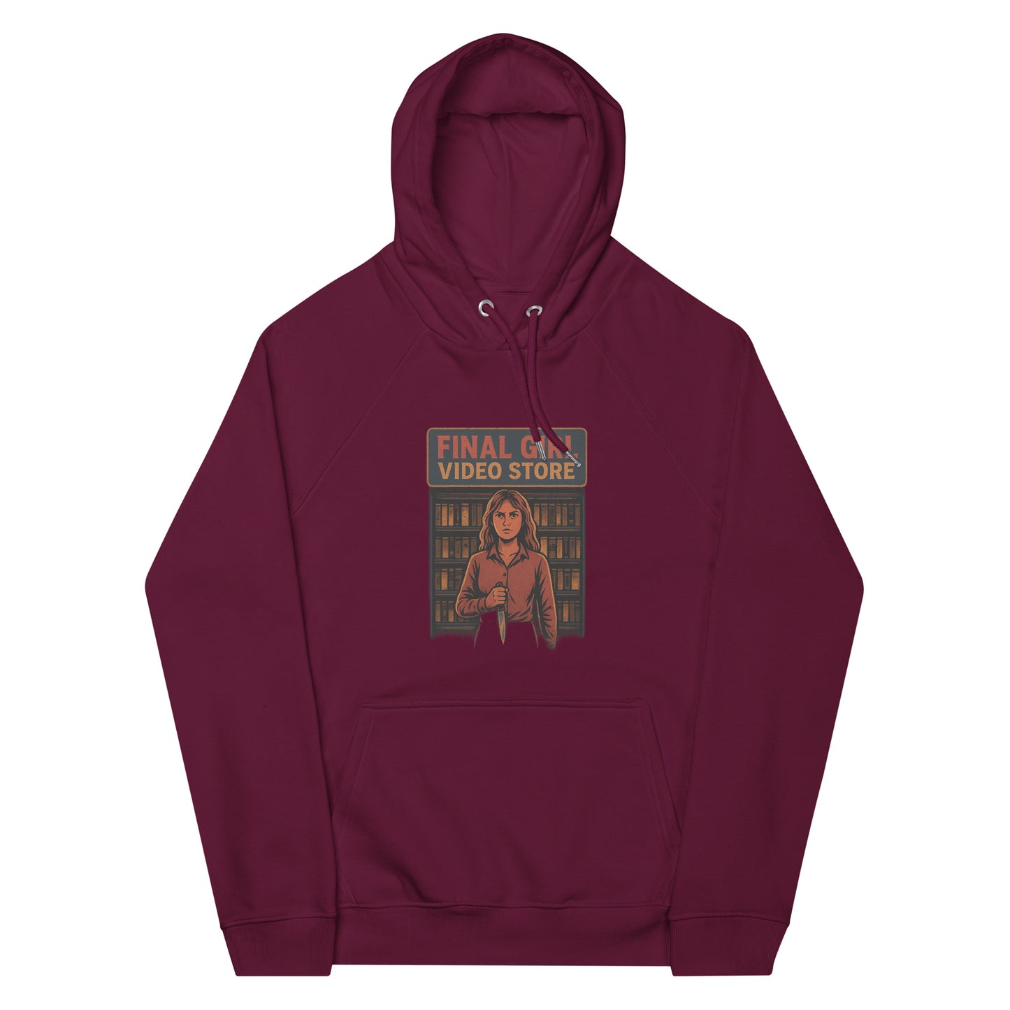Final Girl Video Store Unisex eco raglan hoodie  from Rare Plus Apparel – unique movie & pop culture inspired design.