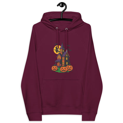 Haunted Halloween House Unisex eco raglan hoodie  from Rare Plus Apparel – unique movie & pop culture inspired design.