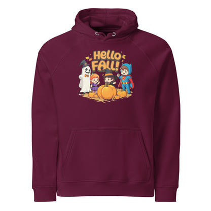 Hello Fall Unisex eco raglan hoodie  from Rare Plus Apparel – unique movie & pop culture inspired design.
