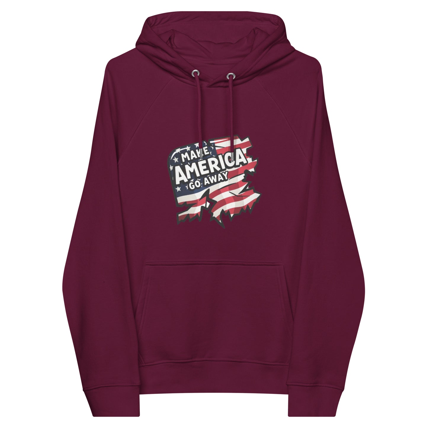 MAGA “Make America Go Away” Unisex eco raglan hoodie  from Rare Plus Apparel – unique movie & pop culture inspired design.