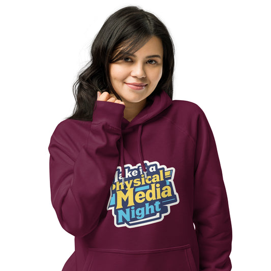 Make it a Physical Media Night Unisex eco raglan hoodie  from Rare Plus Apparel – unique movie & pop culture inspired design.