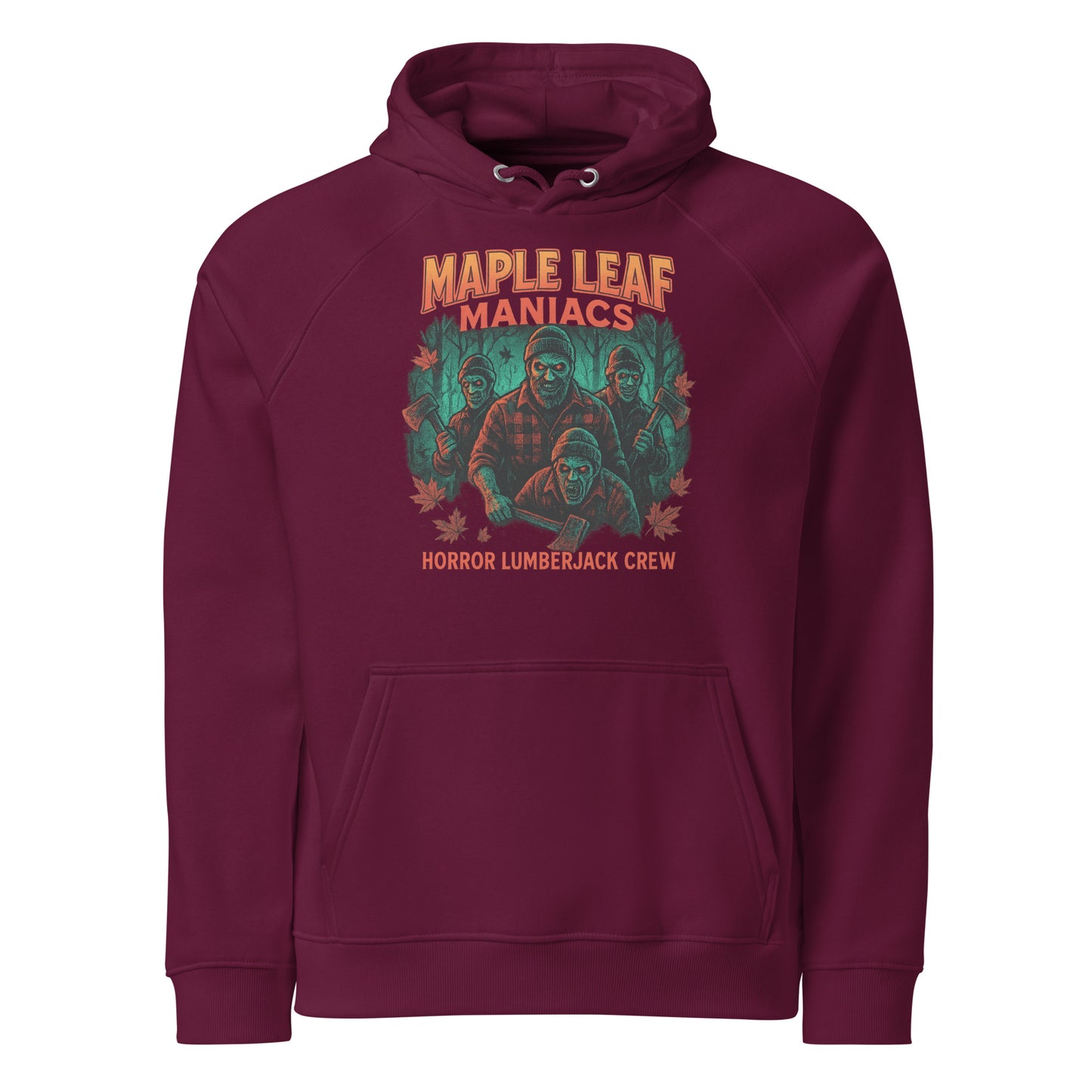 Maple Leaf Maniacs Unisex eco raglan hoodie  from Rare Plus Apparel – unique movie & pop culture inspired design.