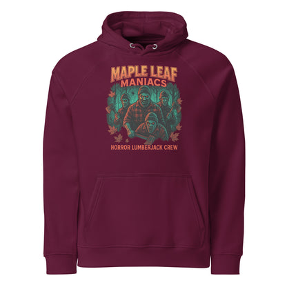 Maple Leaf Maniacs Unisex eco raglan hoodie  from Rare Plus Apparel – unique movie & pop culture inspired design.