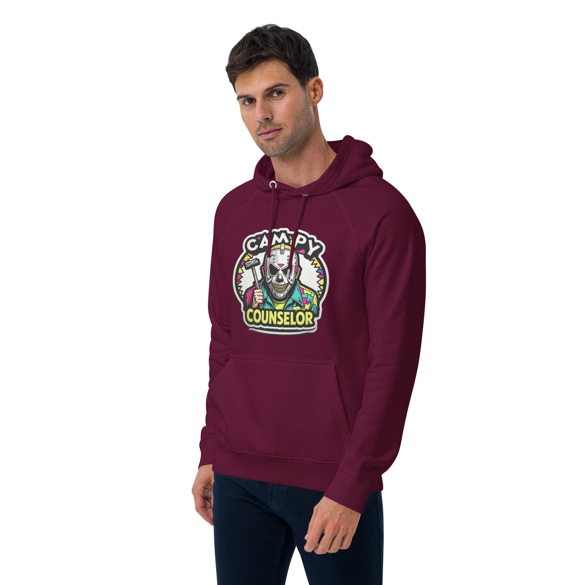 Campy Counselor Unisex eco raglan hoodie  from Rare Plus Apparel – unique movie & pop culture inspired design.