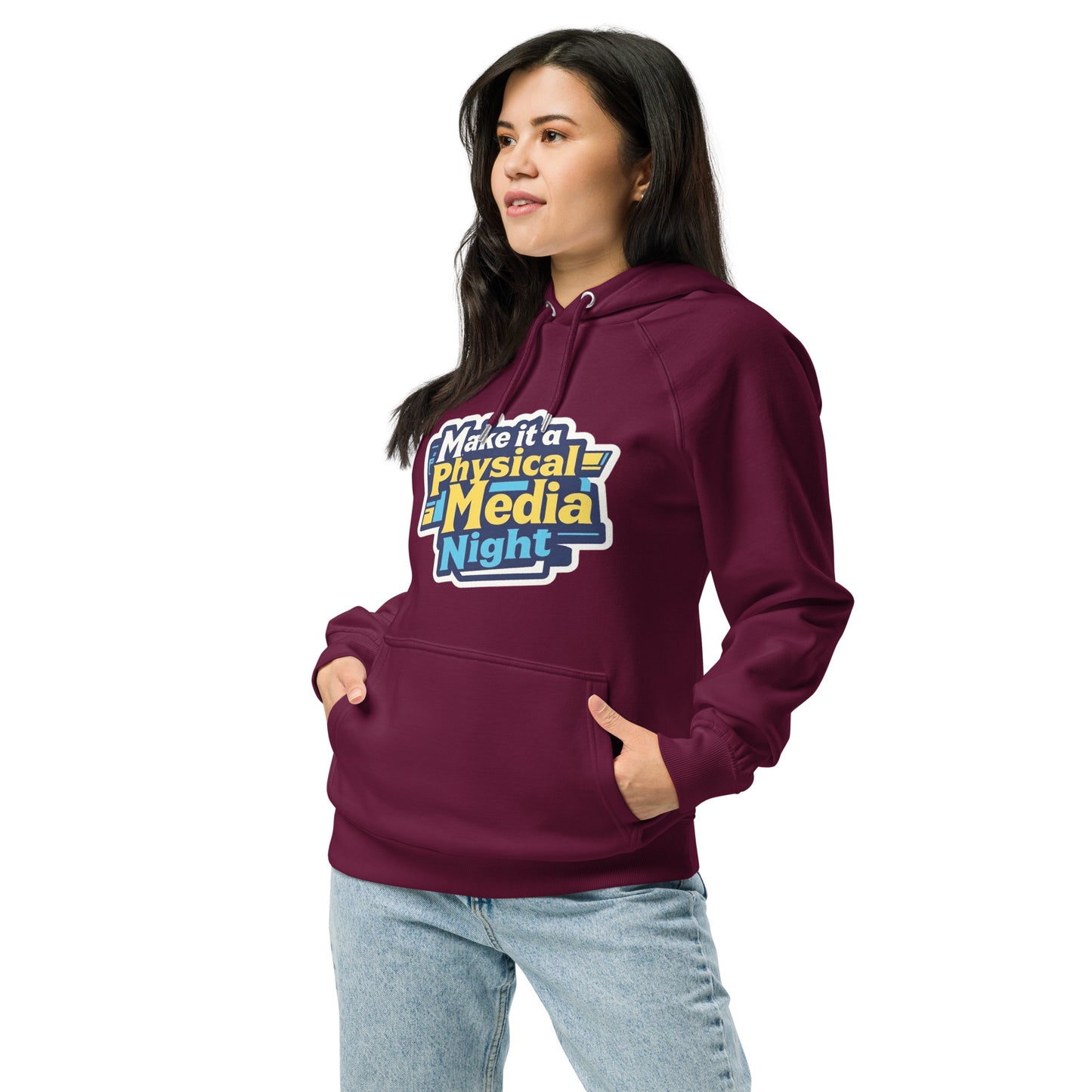 Make it a Physical Media Night Unisex eco raglan hoodie  from Rare Plus Apparel – unique movie & pop culture inspired design.