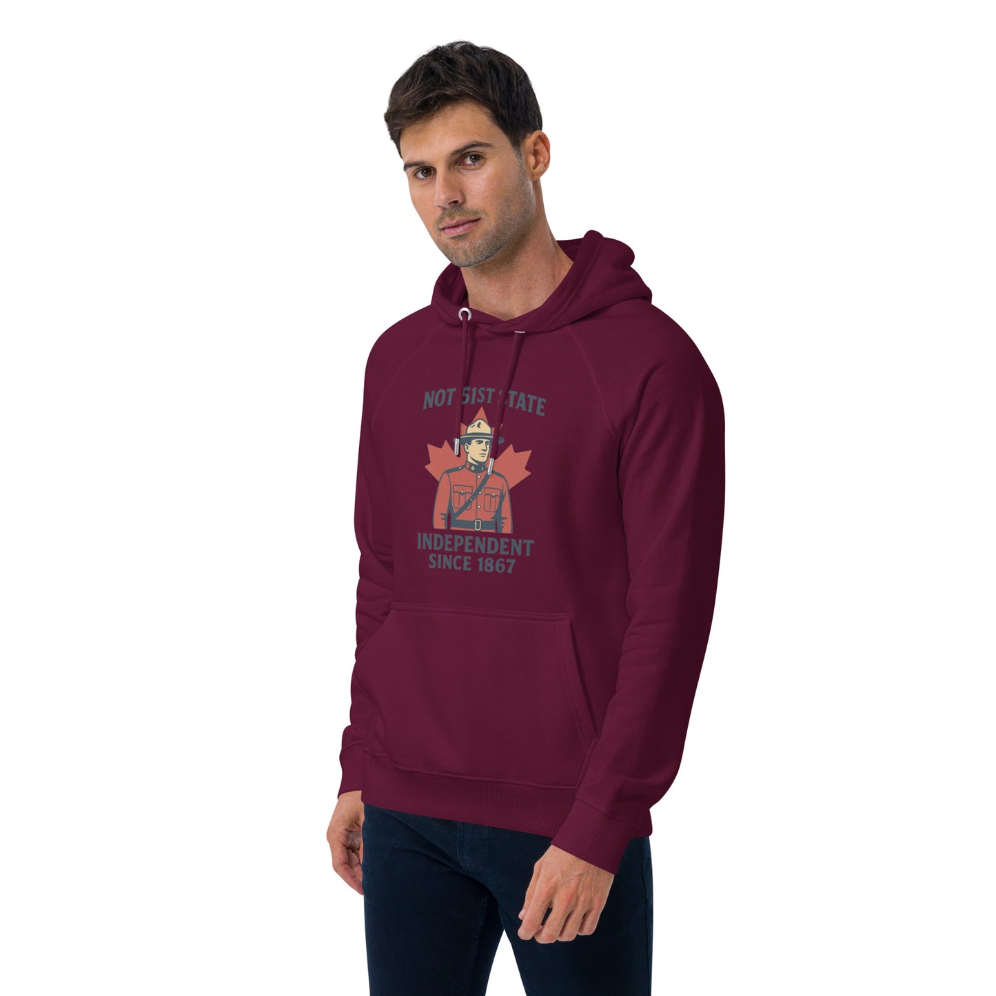 Not 51st State Mountie Unisex eco raglan hoodie  from Rare Plus Apparel – unique movie & pop culture inspired design.