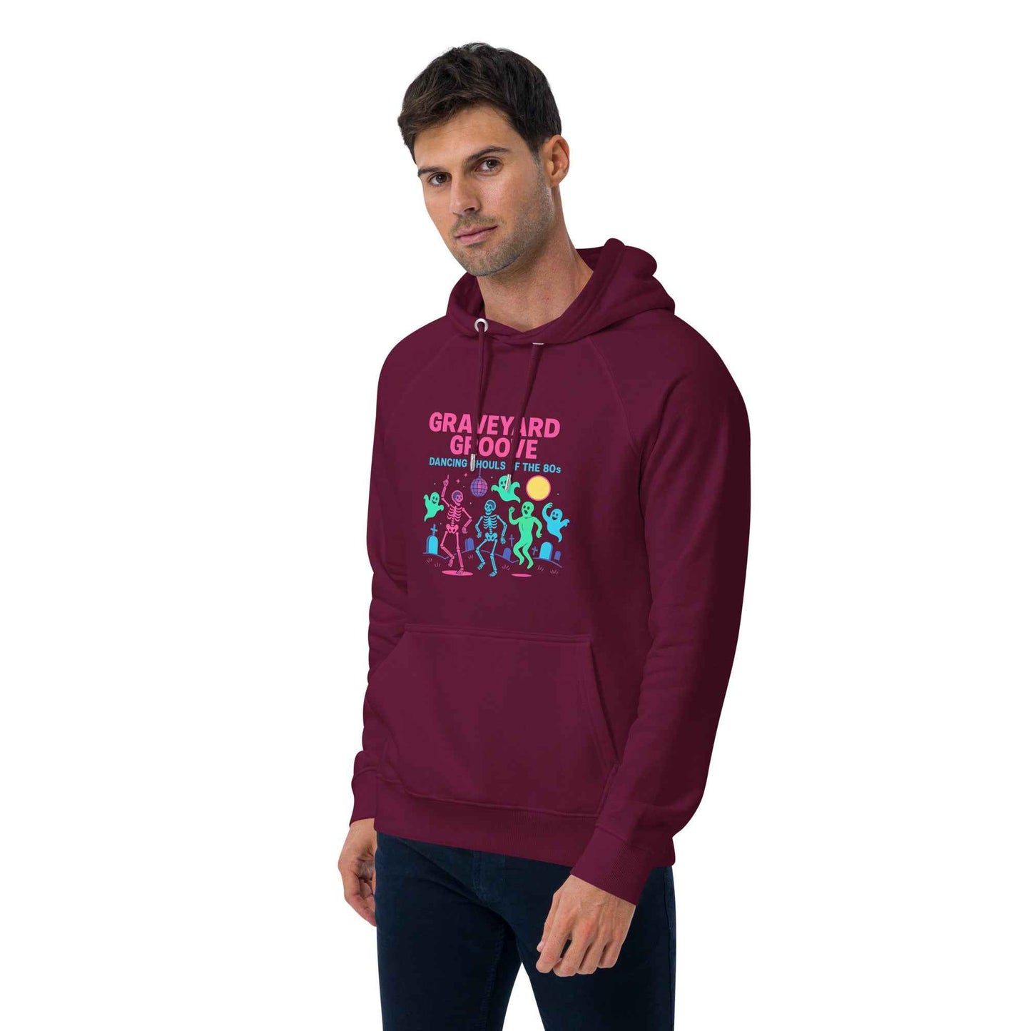 Graveyard Groove – Dancing Ghouls of the 80s Unisex hoodie eco raglan