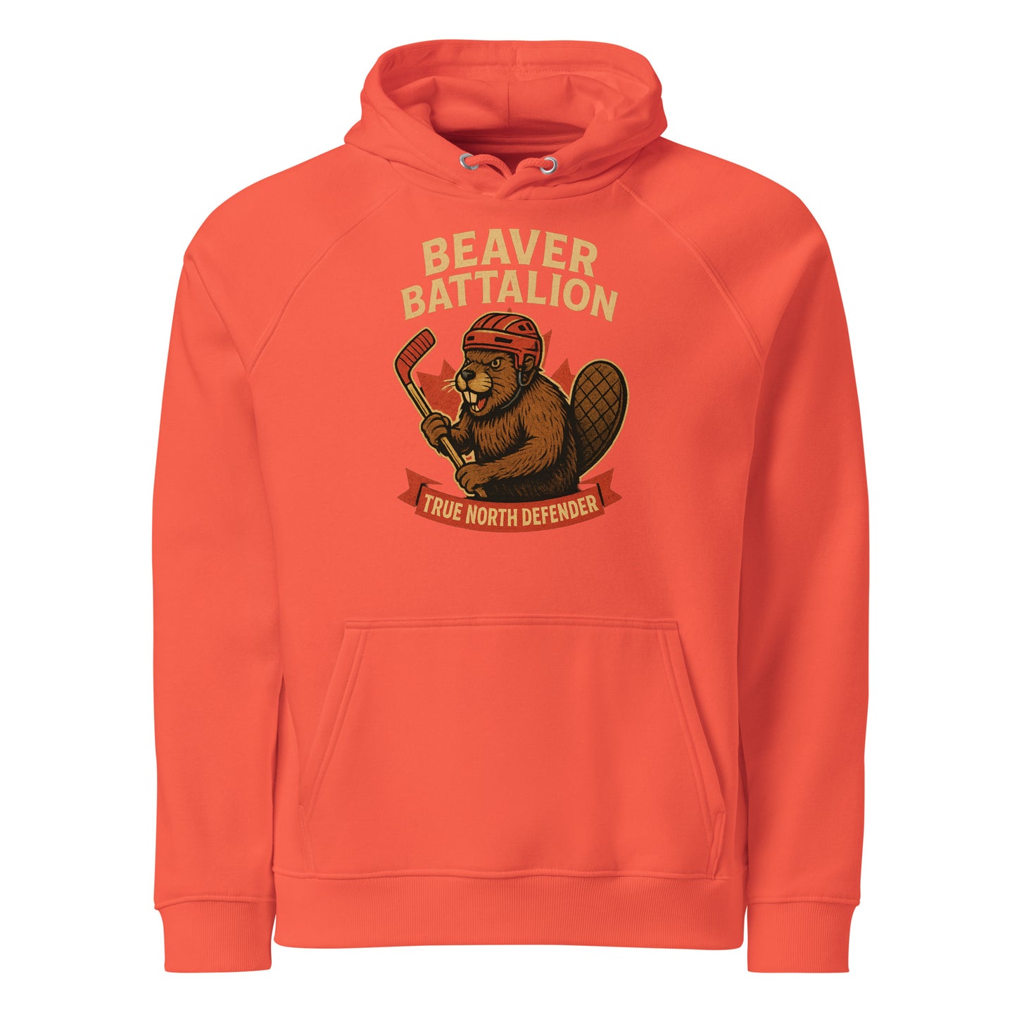 Beaver Battalion – True North Defender Unisex eco raglan hoodie  from Rare Plus Apparel – unique movie & pop culture inspired design.