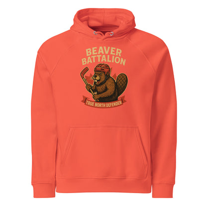 Beaver Battalion – True North Defender Unisex eco raglan hoodie  from Rare Plus Apparel – unique movie & pop culture inspired design.