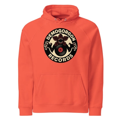 Demogorgon Records Unisex eco raglan hoodie  from Rare Plus Apparel – unique movie & pop culture inspired design.