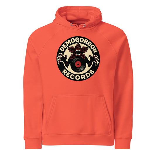 Demogorgon Records Unisex eco raglan hoodie  from Rare Plus Apparel – unique movie & pop culture inspired design.