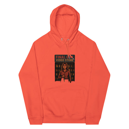 Final Girl Video Store Unisex eco raglan hoodie  from Rare Plus Apparel – unique movie & pop culture inspired design.