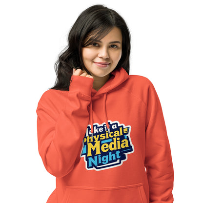 Make it a Physical Media Night Unisex eco raglan hoodie  from Rare Plus Apparel – unique movie & pop culture inspired design.