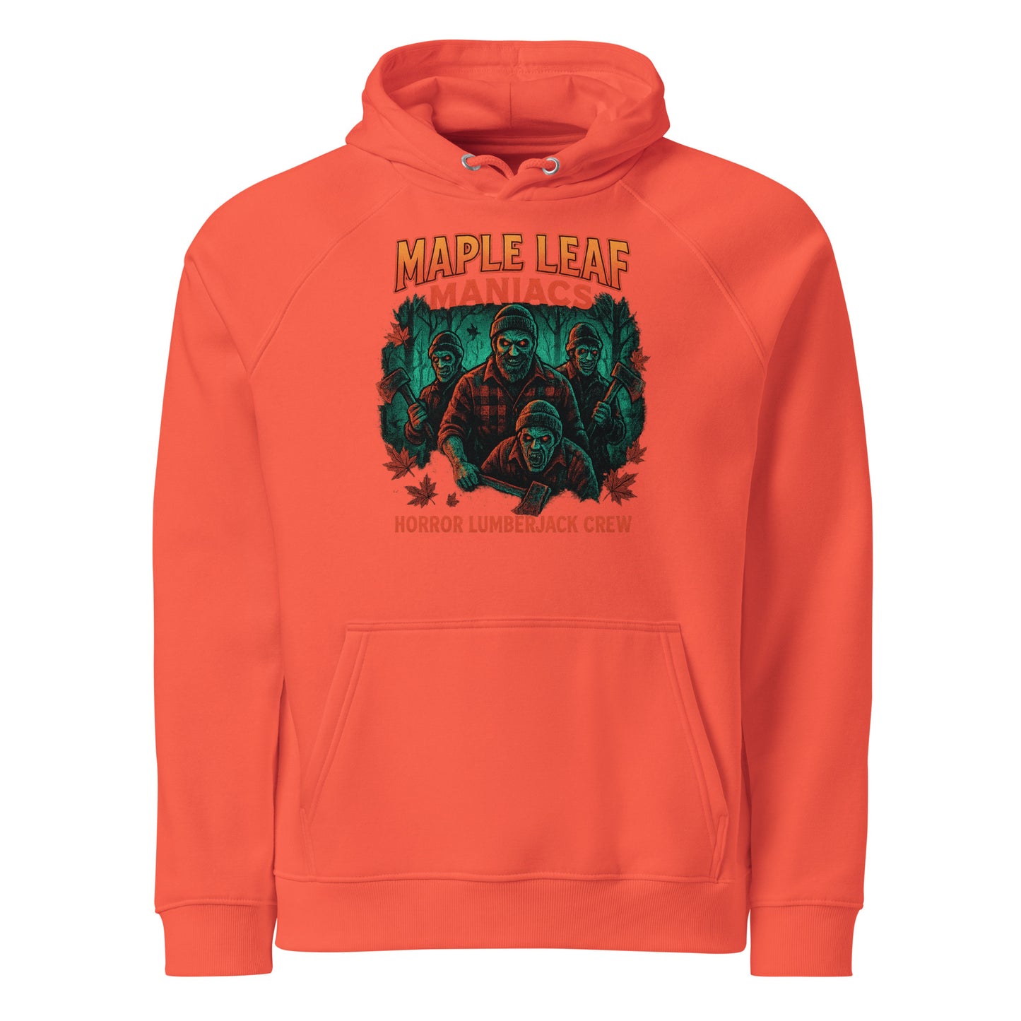 Maple Leaf Maniacs Unisex eco raglan hoodie  from Rare Plus Apparel – unique movie & pop culture inspired design.