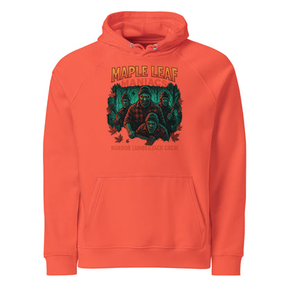 Maple Leaf Maniacs Unisex eco raglan hoodie  from Rare Plus Apparel – unique movie & pop culture inspired design.