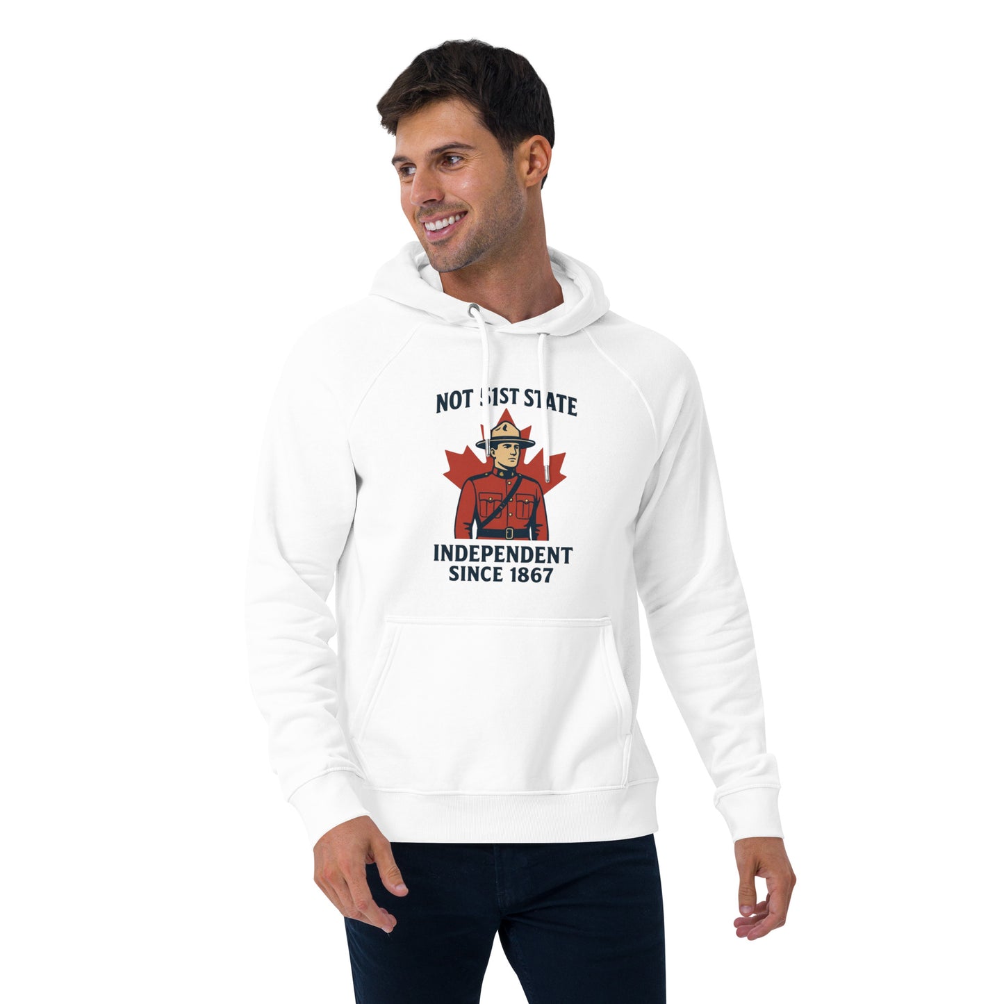 Not 51st State Mountie Unisex eco raglan hoodie  from Rare Plus Apparel – unique movie & pop culture inspired design.