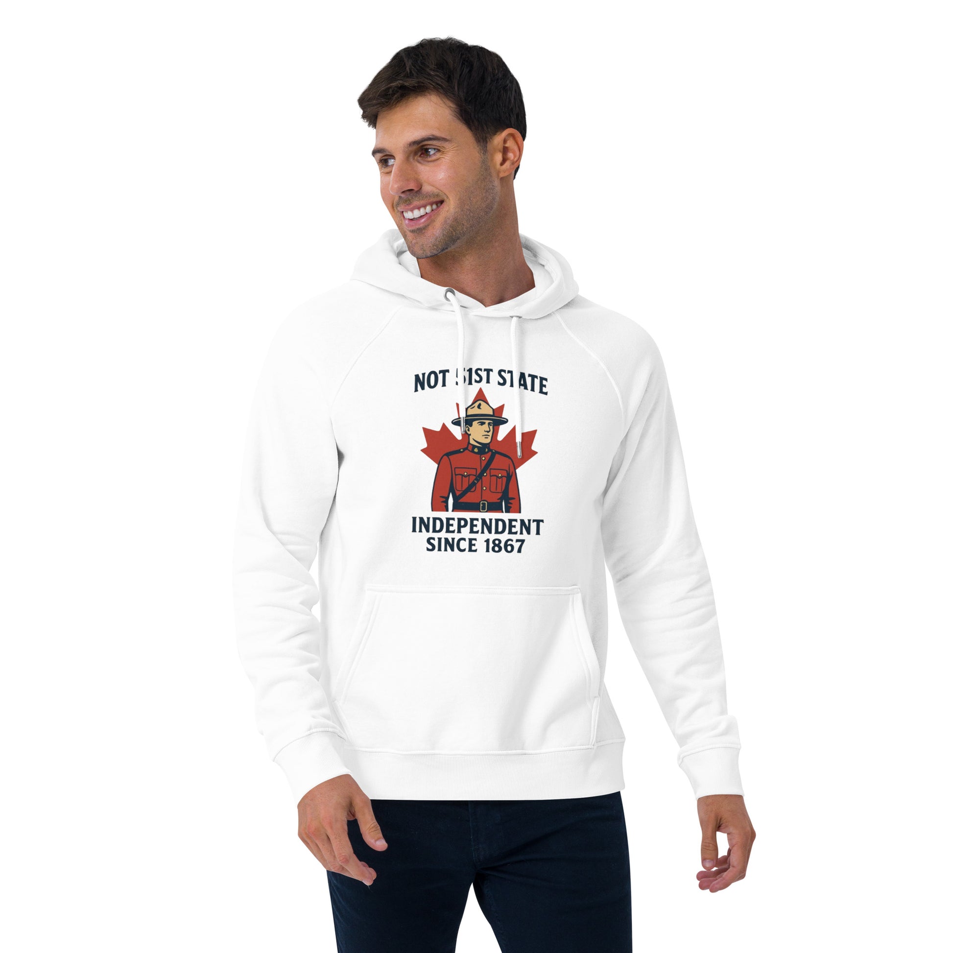 Not 51st State Mountie Unisex eco raglan hoodie  from Rare Plus Apparel – unique movie & pop culture inspired design.