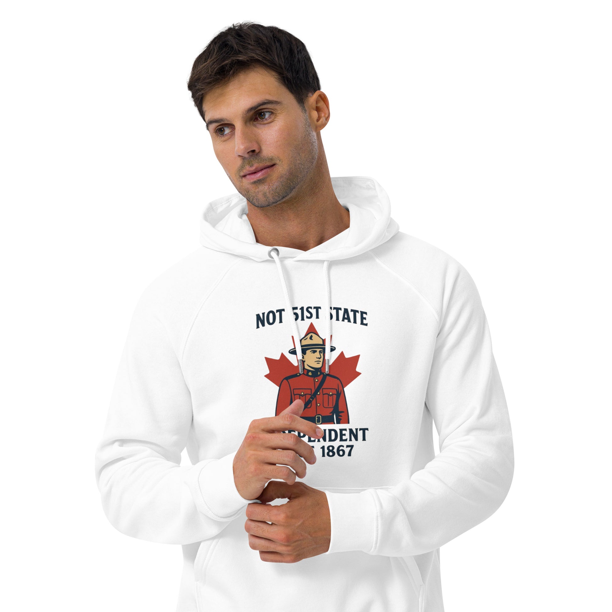 Not 51st State Mountie Unisex eco raglan hoodie  from Rare Plus Apparel – unique movie & pop culture inspired design.