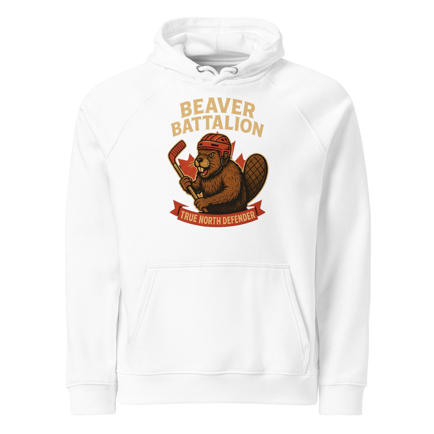 Beaver Battalion – True North Defender Unisex eco raglan hoodie  from Rare Plus Apparel – unique movie & pop culture inspired design.