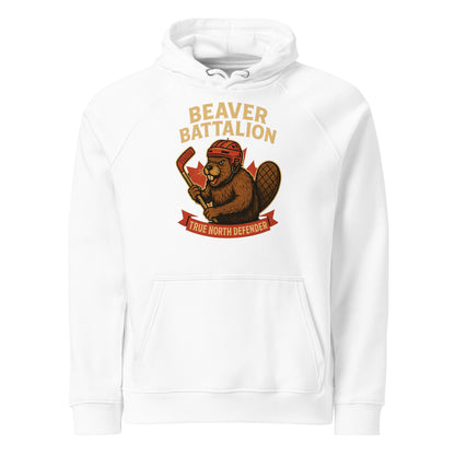 Beaver Battalion – True North Defender Unisex eco raglan hoodie  from Rare Plus Apparel – unique movie & pop culture inspired design.
