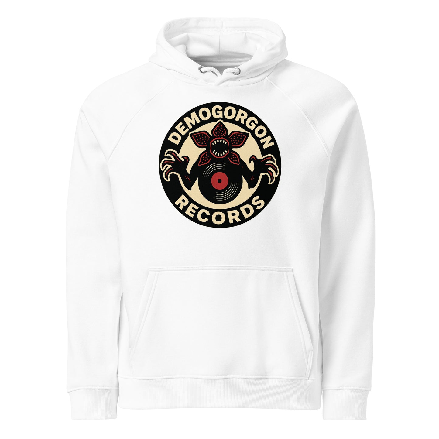 Demogorgon Records Unisex eco raglan hoodie  from Rare Plus Apparel – unique movie & pop culture inspired design.