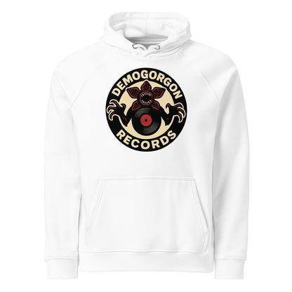 Demogorgon Records Unisex eco raglan hoodie  from Rare Plus Apparel – unique movie & pop culture inspired design.