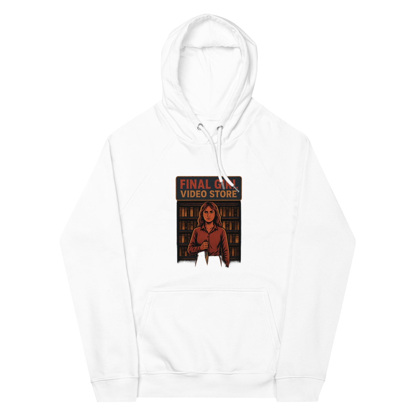 Final Girl Video Store Unisex eco raglan hoodie  from Rare Plus Apparel – unique movie & pop culture inspired design.