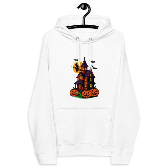 Haunted Halloween House Unisex eco raglan hoodie  from Rare Plus Apparel – unique movie & pop culture inspired design.