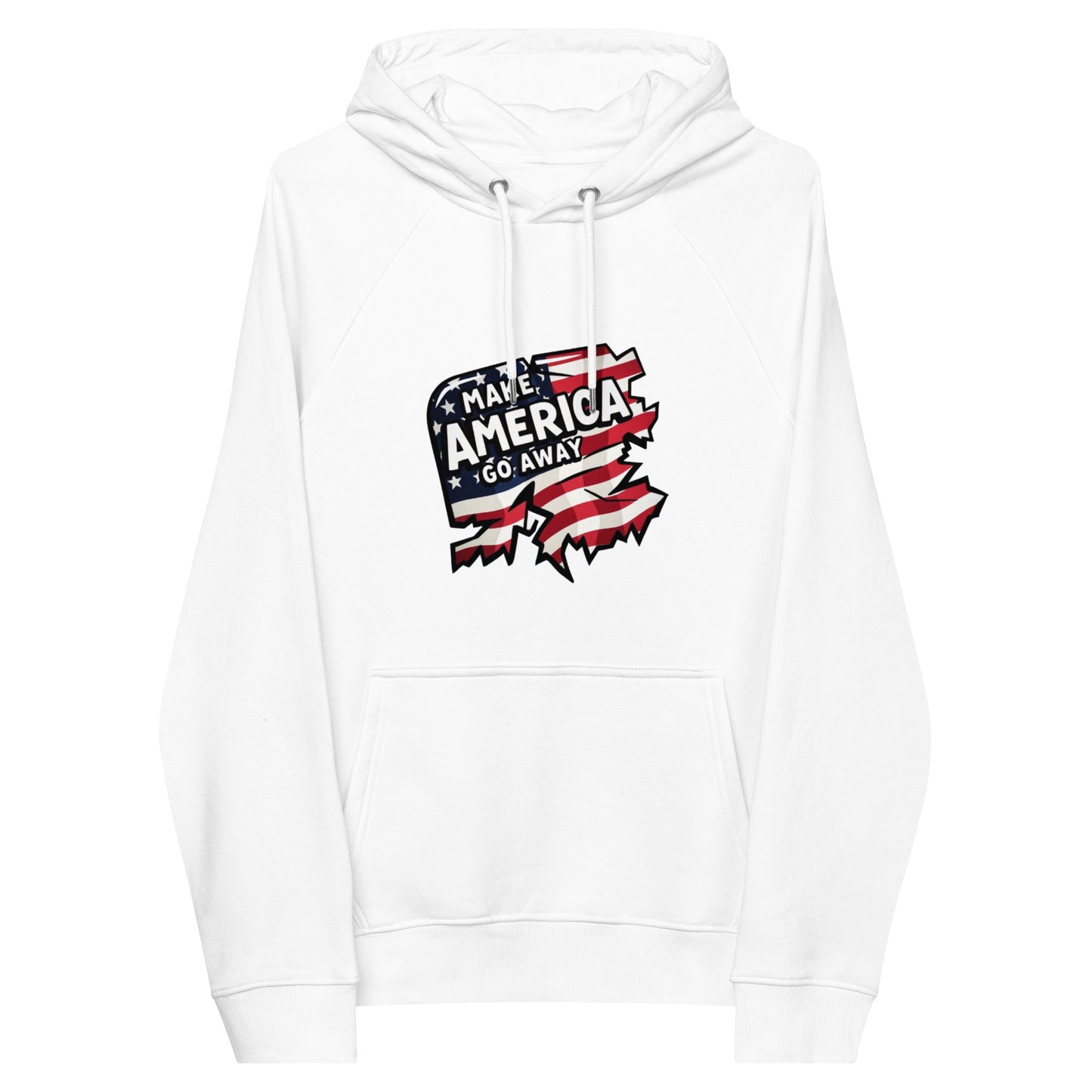 MAGA “Make America Go Away” Unisex eco raglan hoodie  from Rare Plus Apparel – unique movie & pop culture inspired design.