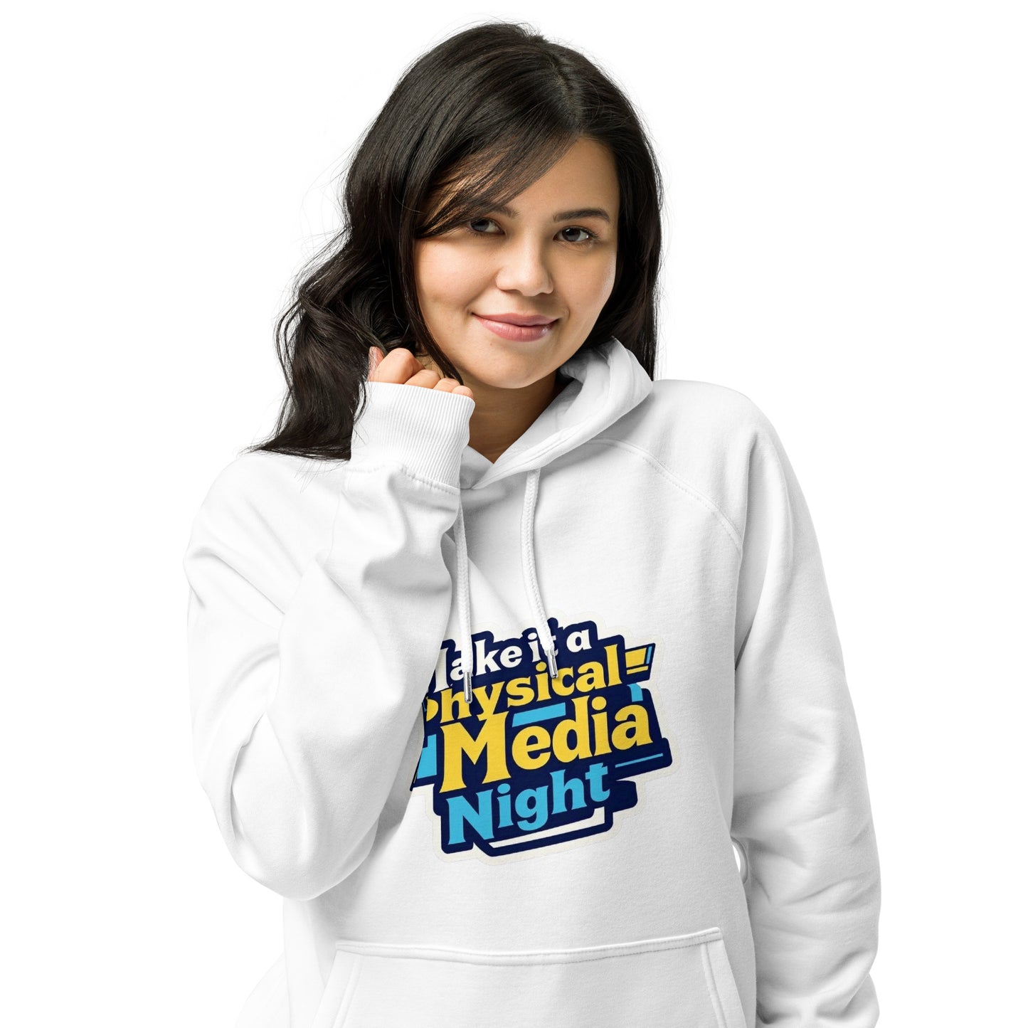 Make it a Physical Media Night Unisex eco raglan hoodie  from Rare Plus Apparel – unique movie & pop culture inspired design.