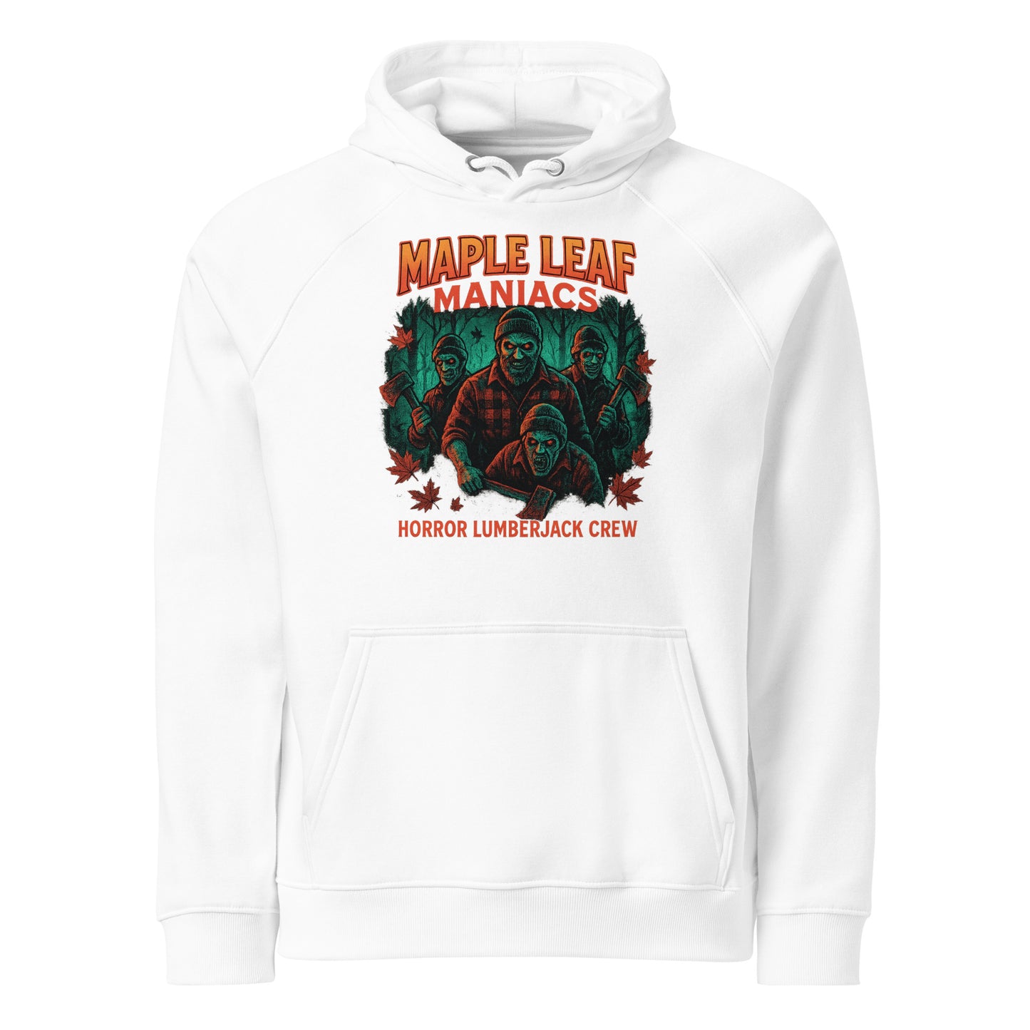 Maple Leaf Maniacs Unisex eco raglan hoodie  from Rare Plus Apparel – unique movie & pop culture inspired design.
