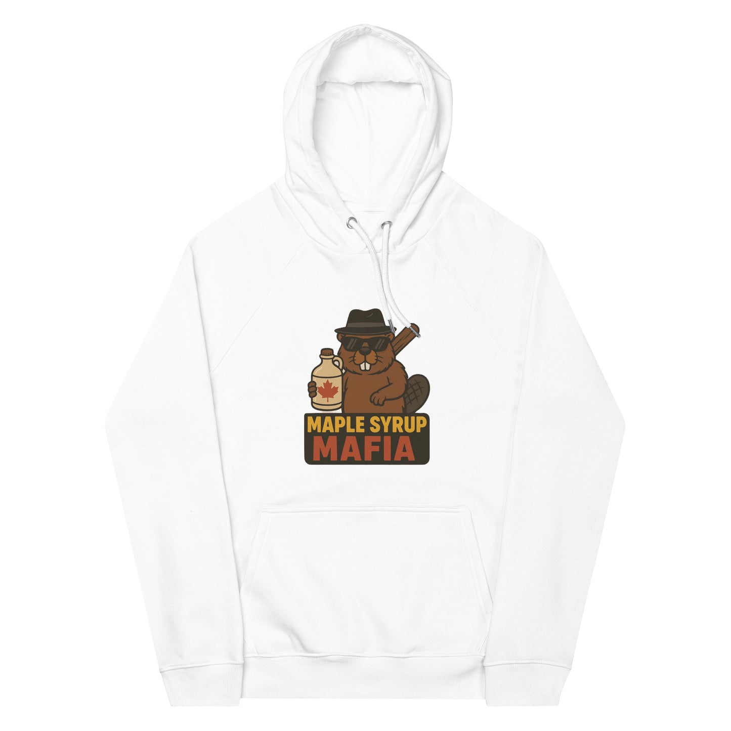 Maple Syrup Mafia Unisex eco raglan hoodie  from Rare Plus Apparel – unique movie & pop culture inspired design.