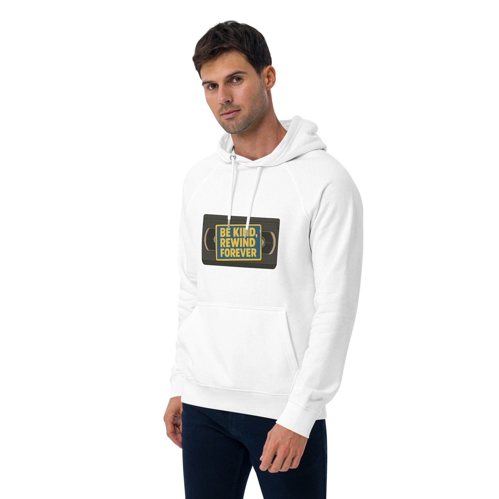 Be Kind, Rewind Forever Unisex eco raglan hoodie  from Rare Plus Apparel – unique movie & pop culture inspired design.