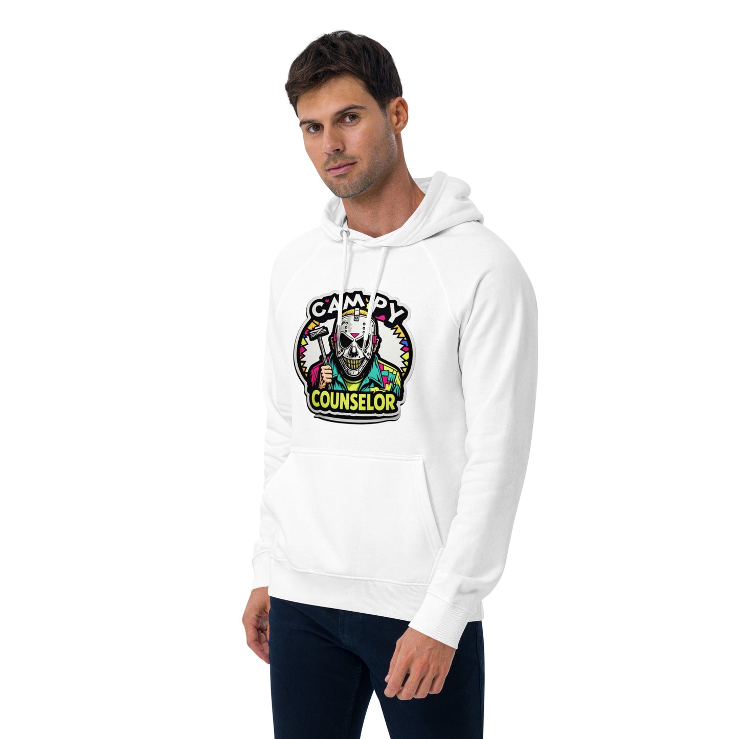 Campy Counselor Unisex eco raglan hoodie  from Rare Plus Apparel – unique movie & pop culture inspired design.