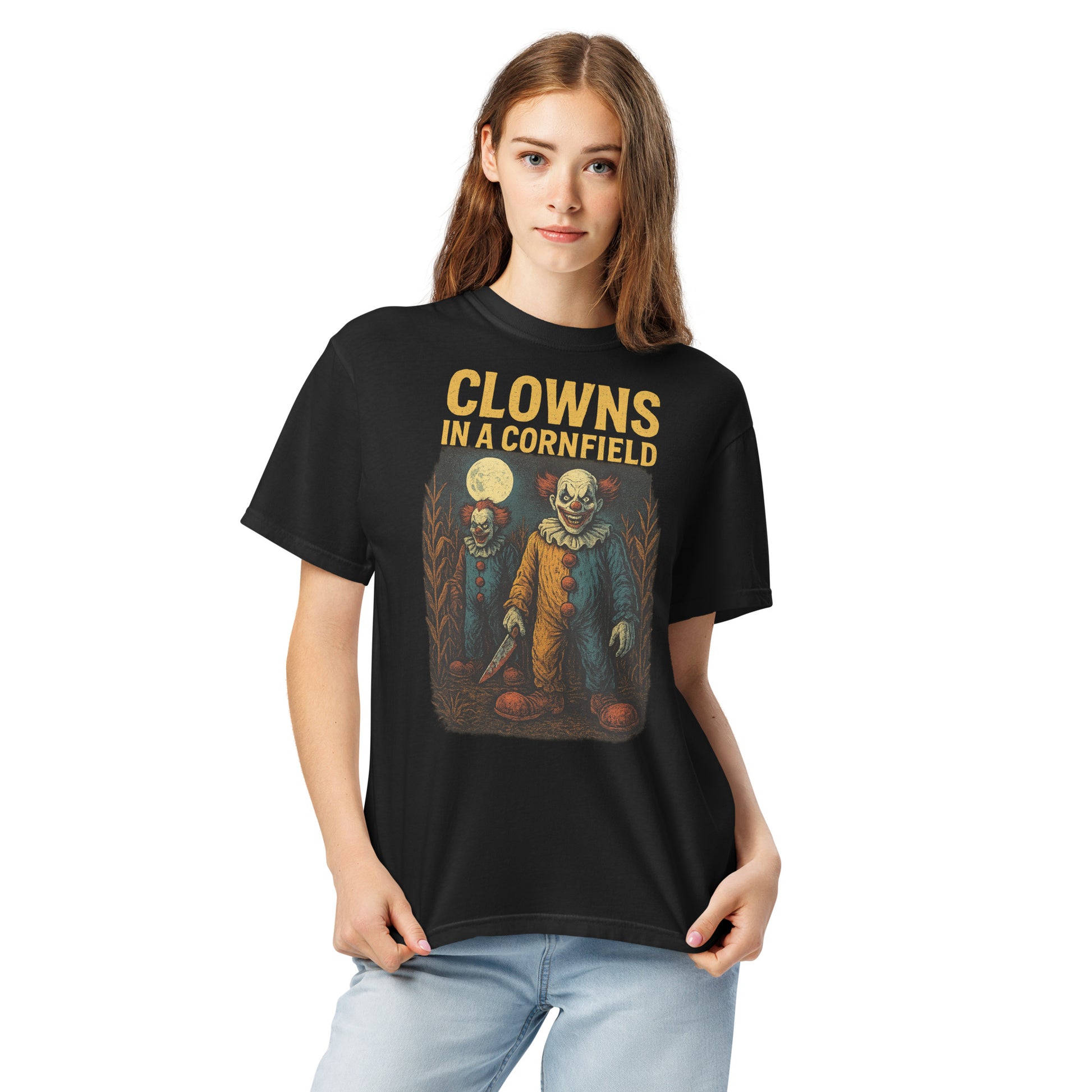 Clowns in a Cornfield Unisex garment-dyed heavyweight t-shirt  from Rare Plus Apparel – unique movie & pop culture inspired design.